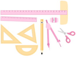 School Stationery Set with Geometric Ruler Set, Protractor, Compass, Pencil, Scissors, and Eraser png