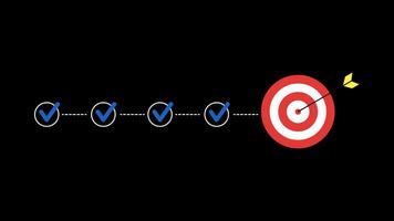 Animated checklist steps with blue checkmarks pointing to a red target hit by an arrow. Ideal for goal setting, business strategy, planning, and visualizing success. Alpha channel video