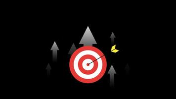 Animation of a red target being hit by an arrow with a white arrow pointing up. Concept of business goals, success and achievement. Perfect for presentations or explainer videos. Alpha channel video