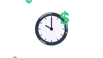 Animated clock with falling dollar icons, symbolizing time generates money. Perfect for business, finance, income, or time management themes. video