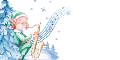 Navidad duende jugando saxofón en contra el antecedentes de un nuevo año árbol. rectangular marco en aislado acuarela ilustración en el tema de Navidad para diseño de postales, concierto Entradas. png