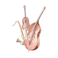 Musical instruments composition. Isolated aquarel illustration of jazz instruments quartet for invitations, postcards, concert tickets, poster printing. png