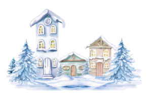 Cozy village under snow with Christmas trees. Isolated watercolor illustration for invitations, tickets, photo frames, posters, calendars, printing on textiles and clothes. png