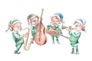 Jazz quartet of Christmas elves playing musical instruments. Isolated watercolor illustration for design of printed products, interior, invitations, posters, greetings. png