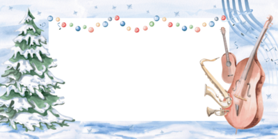 Rectangular frame with a Christmas tree, garland and musical instruments. Isolated watercolor illustration on a Christmas theme for the design of musical New Year festivals, concerts, invitations. png