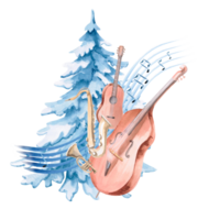 Composition of musical instruments against the background of a New Year tree. Isolated watercolor illustration for the design of Christmas invitations, postcards, concert tickets, printing on posters. png