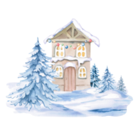 Cozy brown house under snow with colorful garlands. Isolated watercolor illustration for invitations, tickets, photo frames, posters, calendars, printing on textiles and clothes png