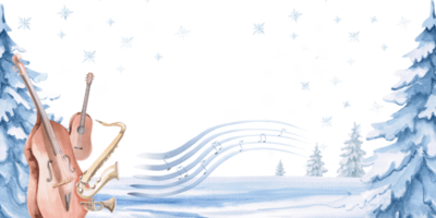 Rectangular frame with musical instruments and a staff. Isolated watercolor illustration on the theme of Christmas for postcard design, interior design, printing on clothes and textiles. png
