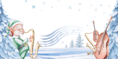 Rectangular frame with elf saxophonist against winter forest background. Isolated watercolor illustration on Christmas theme for postcard design, interior design, printing on clothes and textiles. png