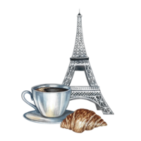 A cup of coffee, a croissant, and the Eiffel Tower. Hand-drawn watercolor illustration. Isolation. Color image. For packaging, logos, and labels. For banners, flyers, menus, posters, and more. png