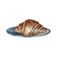 Croissant on a saucer. French pastry. Hand-drawn watercolor illustration. Isolate. Color image. Crescent-shaped puff pastry. For menu and recipe design, labels, packaging, and more. png