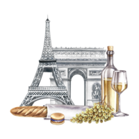 Paris. Hand-drawn watercolor illustration. Bottle of wine, glass, bunch of grapes, and baguette on the background of the Eiffel Tower and the Arc de Triomphe. For labels, banners, and posters and more png