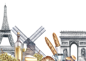 A frame with images of Parisian landmarks and products. Hand-drawn watercolor illustration. Wine, grapes, baguettes, cheese, croissants, and macaroon, the Eiffel Tower, the Arc de Triomphe, and a mill png