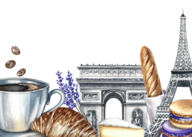 A frame with images of Parisian landmarks and cuisine. Hand-drawn watercolor illustration. Baguette, cheese, croissant, almond biscuit, and a cup of coffee, the Eiffel Tower, and the Arc de Triomphe. png