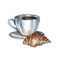 A cup of coffee and a croissant. Hand-drawn watercolor illustration. Isolate. Color image. For packaging, logos, and labels. For banners, flyers, menus, posters, and more. png
