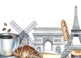 A frame with images of Parisian landmarks and food. Hand-drawn watercolor illustration. Baguette, cheese, croissant, almond biscuit and cup of coffee, Eiffel Tower, Arc de Triomphe, and a mill. png
