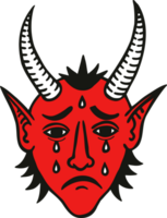 Red crying devil head with horns, teardrops, and a sad expression in American traditional tattoo style png