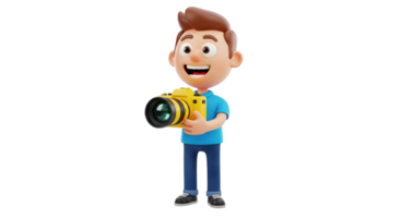 A cartoon boy holding a photographic camera in a playful 3d character rendering, perfect for children media on transparent background. png