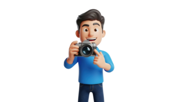 Smiling man photographer character holding a camera. Concept of capturing moments and photography hobby on transparent background. png