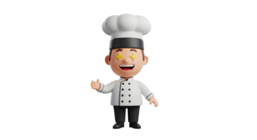 Happy 3d chef man character with star eyes and welcoming gesture, cartoon cook on transparent background. png