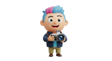 Cartoon boy photographer with camera stands. Funny character for creative hobby and art. 3D render on transparent background for advertising. png