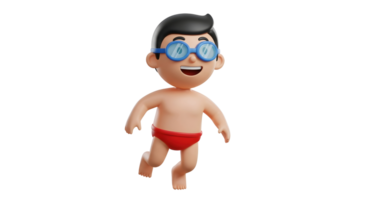 Cartoon man with goggles and red swim brief in swimming pose. Summer vacation concept. Isolated on transparent background for advertising. png