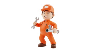 Cartoon man plumber with a wrench and pipe on transparent background. Service and repair concept. Professional worker. png