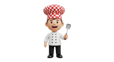 A 3d render of chef cartoon male character in uniform with spatula. Cute cook for restaurant menu design on transparent background. png