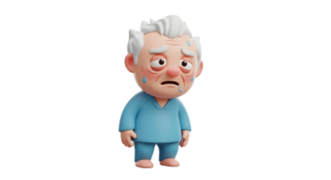 Cute elderly man character with sweaty and drooling expression. Sick old male cartoon with face of illness on transparent background. png