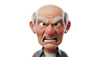 An angry older man, cartoon character illustration with a furious facial expression, on transparent background. Negative emotion concept. png