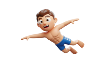 Caucasian little boy swimming or flying. Cartoon character kid in blue shorts. Fun activity illustration for summer vacation concept.. Transparent background png
