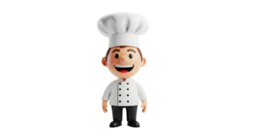 A 3D render of a smiling man chef cartoon character in a white uniform and hat, on transparent background, for culinary concept. png