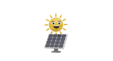 Happy sun character with solar panel, generating green electricity. Clean energy and sustainable power concept on transparent background. png