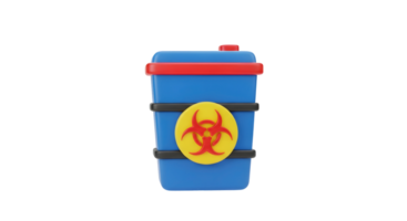 Blue biological waste container with hazard symbol. Disposal of biomedical and infectious materials. Medical safety concept on transparent background. png