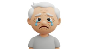 A sad old man crying, a concept of expressing negative emotions and distress, 3d character on transparent background. png