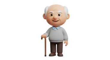Cartoon senior man with a cane standing and smiling. Character design for elder care, retirement, and aging concepts on transparent background. png