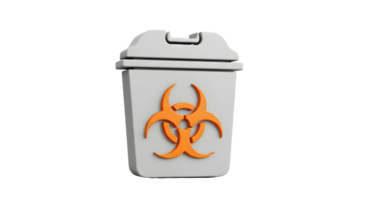 Gray medical waste bin with biohazard symbol on transparent background. Rendering for medical safety and health concepts. png