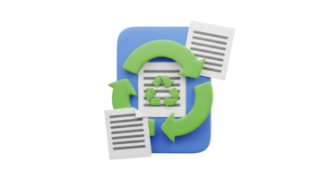 3D render of recycle document icon with paper files and green arrows for eco-friendly digital data management on transparent background. png