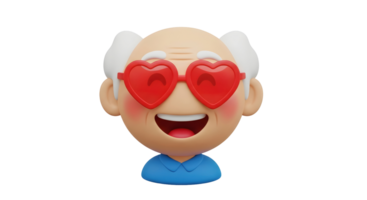 Cartoon old man with white hair wearing red heart glasses and smiling, for love, Valentine's Day on transparent background. png