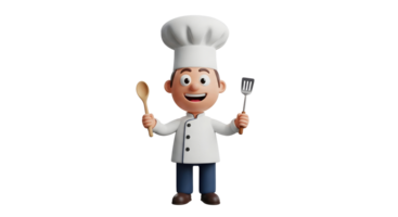3D render of a cheerful cartoon chef character holding a wooden spoon and a metal spatula, on transparent background. png