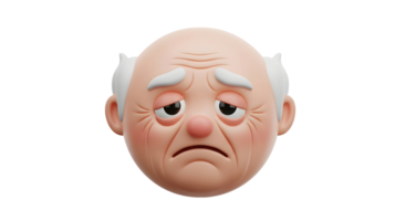 Caucasian old man cartoon face with sad or tired expression, 3d render. Grandfather avatar on transparent background. png