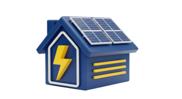 Blue house icon with solar panels on roof and lightning bolt symbol on transparent background for renewable energy. png