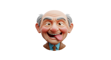 A 3D render of a funny cartoon old man with his tongue out. Expressive character for humorous content on transparent background. png