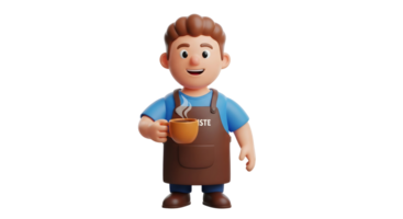 A man barista wearing a brown apron and blue shirt holds a steaming hot coffee cup on transparent background. Cute 3d character for cafe and restaurant business concept. png