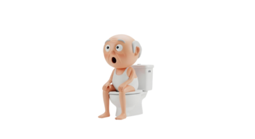 A senior man in a white undershirt sits on a toilet with an astonished expression on transparent background. png