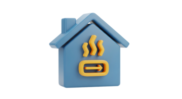 3d render of house icon with steam and arrow, representing heating system or energy saving, on transparent background. png