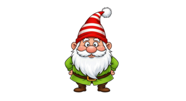 Happy garden gnome character with red striped hat. Cute dwarf on transparent background for kids book, Christmas, or fairy tale design. png