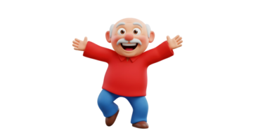 Smiling cartoon old man with open arms and raised hands concept. Character 3D render illustration on transparent background. png
