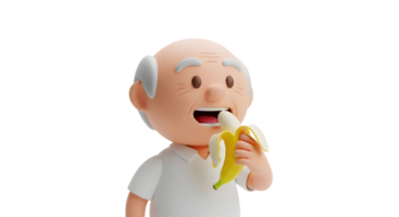 An elderly man characterized by an expressive face, is eating a banana with great pleasure on transparent background. A funny cartoon character is enjoying food for healthy lifestyle. png