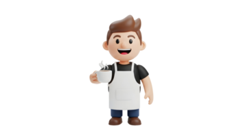 A happy male barista character holding a steaming coffee cup, ready to serve or greet, on transparent background. png